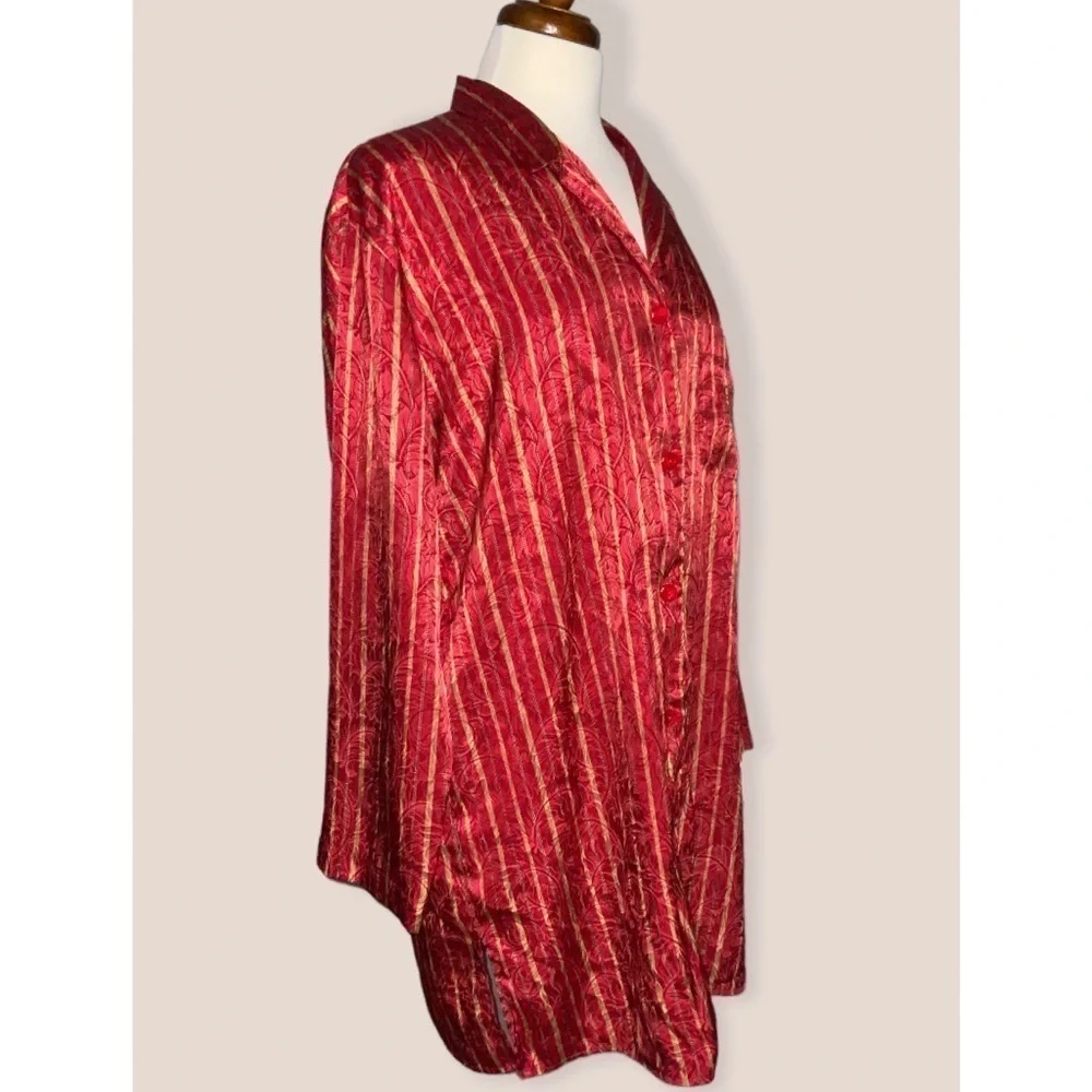 Victoria Secret Red & Gold Striped Satin Long Sleeve Button Down Sleep Shirt Med